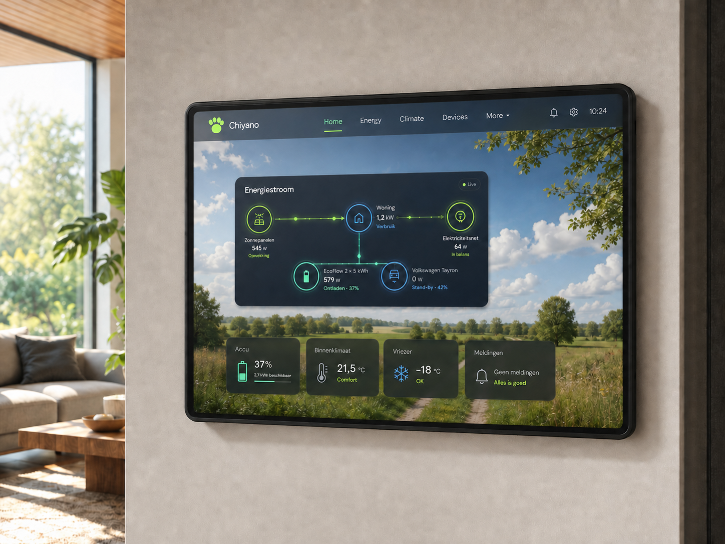 Chiyano Touch-paneel als centraal energiedashboard in de woonkamer